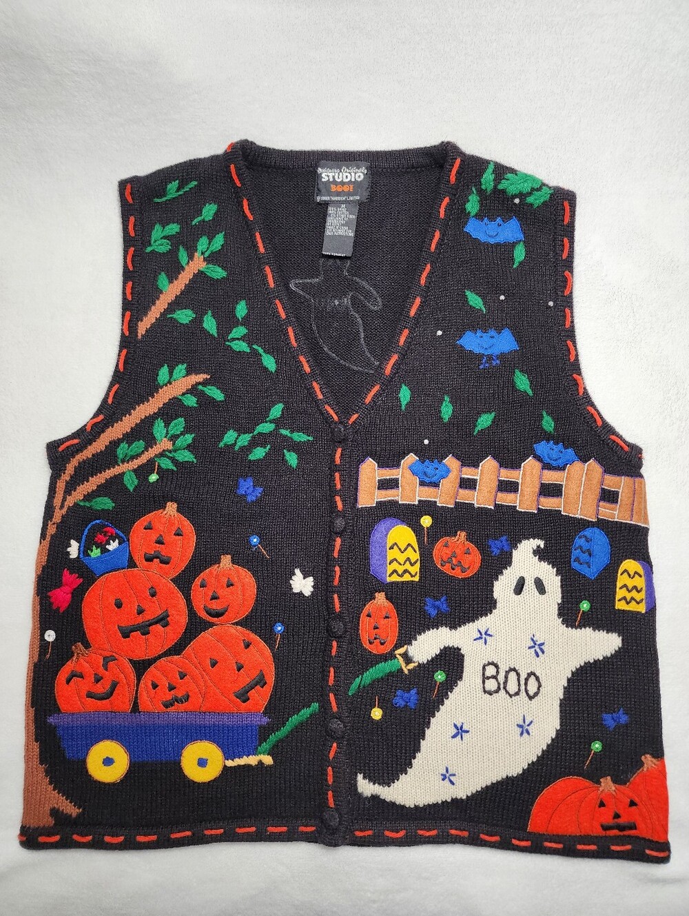 Vintage Halloween Sweater Vest Grandmacore Black Knit Pumpkin Spooky Ghost Whims